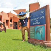 Wilbur the Wildcat in front of Flandrau Science Center and Planetarium in Tucson.